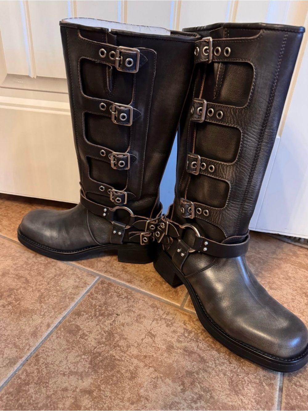Steve Madden Black Buckled Harness Knee-High Moto Boots